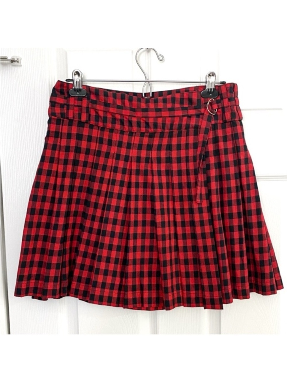 French Connection Red and Black Checkered Pleated Mini Wrap Skirt